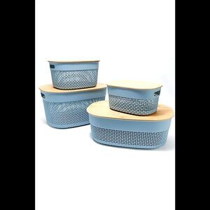 Tidy & Co. Stackable Storage Bins w/ Bamboo Lids Blue -Set of 4
